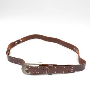Vintage 90's Brown Leather Belt with Silver Metal Buckle and Twisted Leather Design and Silver Studs