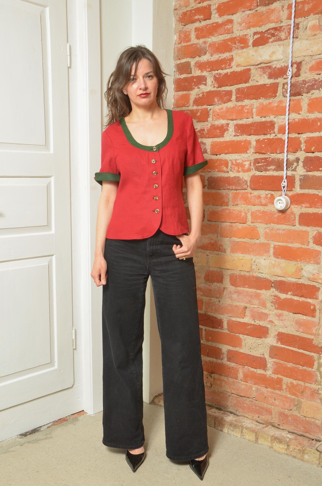 Vintage 90s Red Linen Austrian Folk Style Blouse – Short Sleeve Button ...