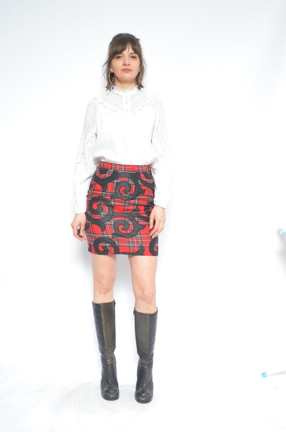 tartan Mini Skirt / Vintage 90s Embellished Red S… - image 6