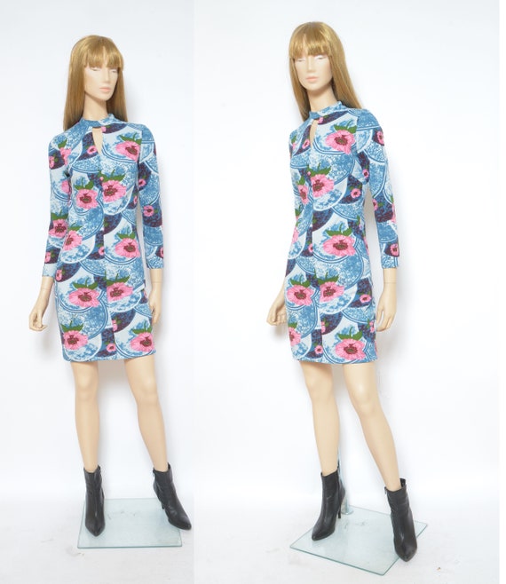 Keyhole Floral Dress / Vintage 80s Long Sleeve Co… - image 1