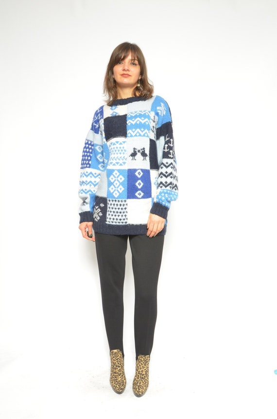 Winter Wool Sweater / Vintage 90s Patchwork Multi… - image 1