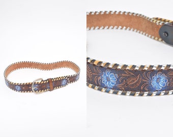 Vintage 90's Brown Leather Belt with Embossed Blue Flowers and Silver Leather Edge Thread