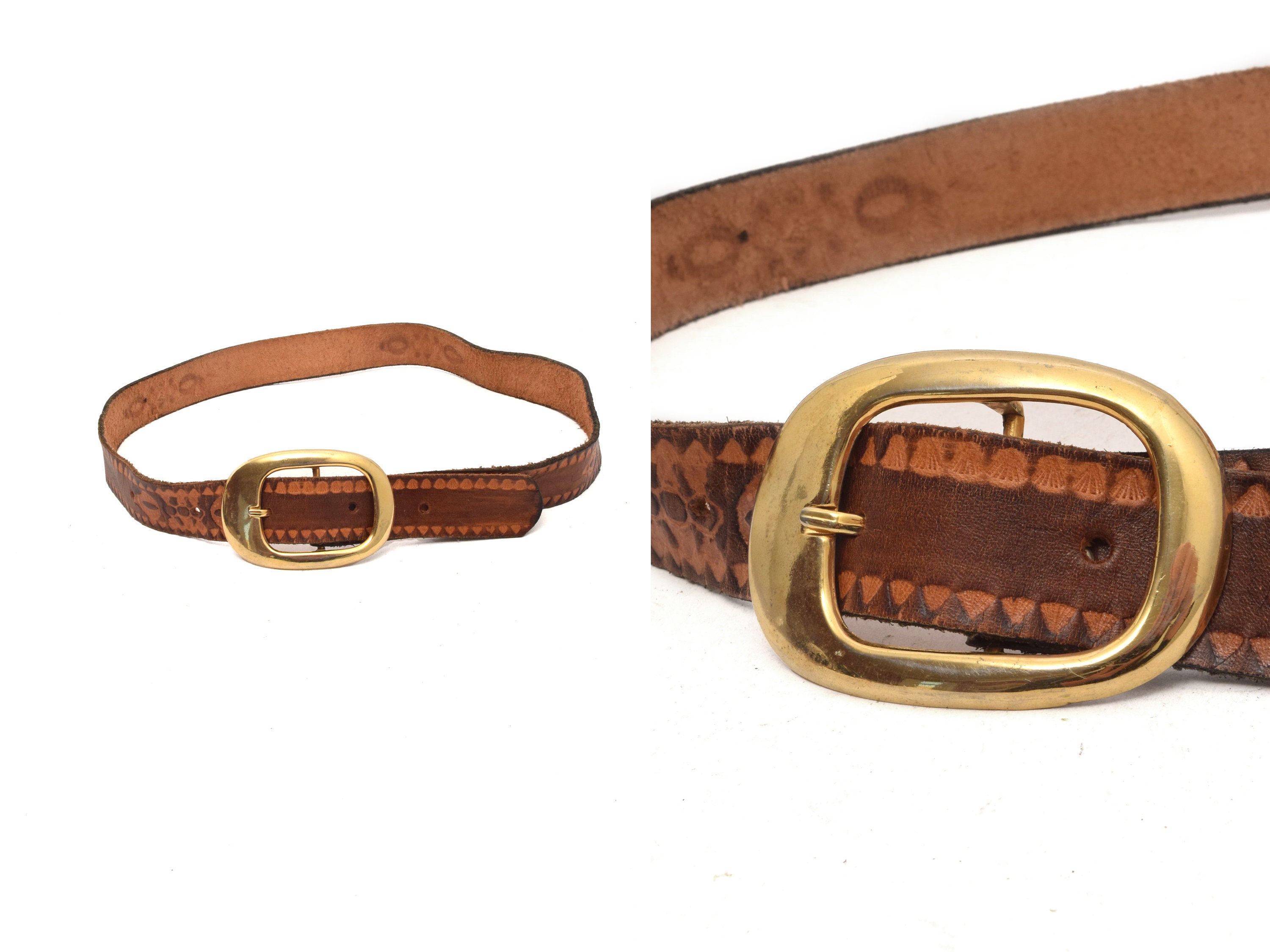 Vintage Brown Leather Belt with Illustrated Oval Buckle Vintage Oval Buckle Brown Veg Tan Leather Belt 30mm  main image 4