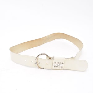 Vintage White Leather Belt with Large Leather and Silver Metal Buckle and Rhinestones