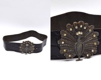 Vintage 90's Wide Black Real Alligator Pattern Leather Belt with Large Brass Peacock Buckle and Rhinestones