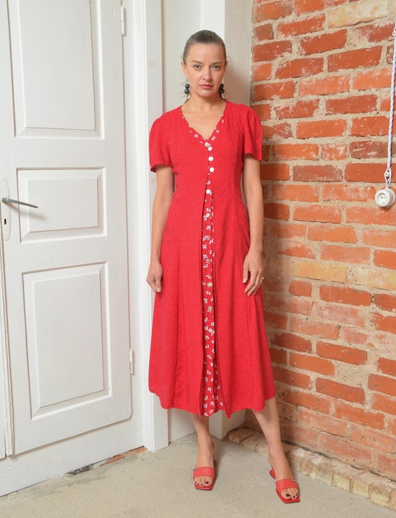 Vintage 90s Red Maxi Dress - Button Front with Floral Trim, Short Sleeve, Size Small