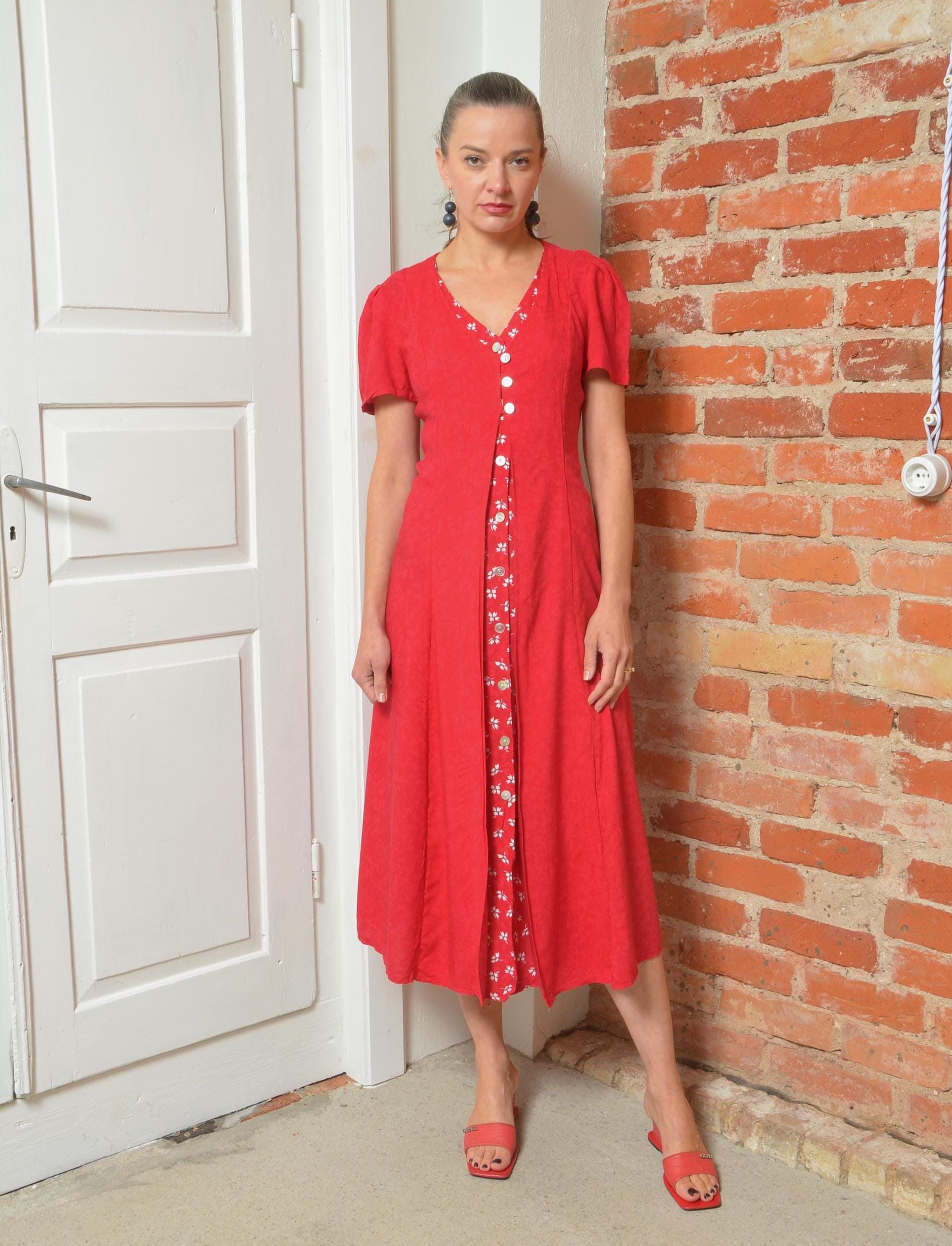 red floral button up dress Isla Red Floral Printed Midi Dress | Women's Clothing