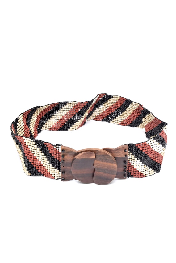 Vintage 90s Beaded Stretch Belt: Brown Wood Buckle - Etsy display picture 1