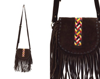 Vintage 90's Brown Suede Leather Shoulder Bag with Tassels, Long Strap, and Colorful Fabric Stripe