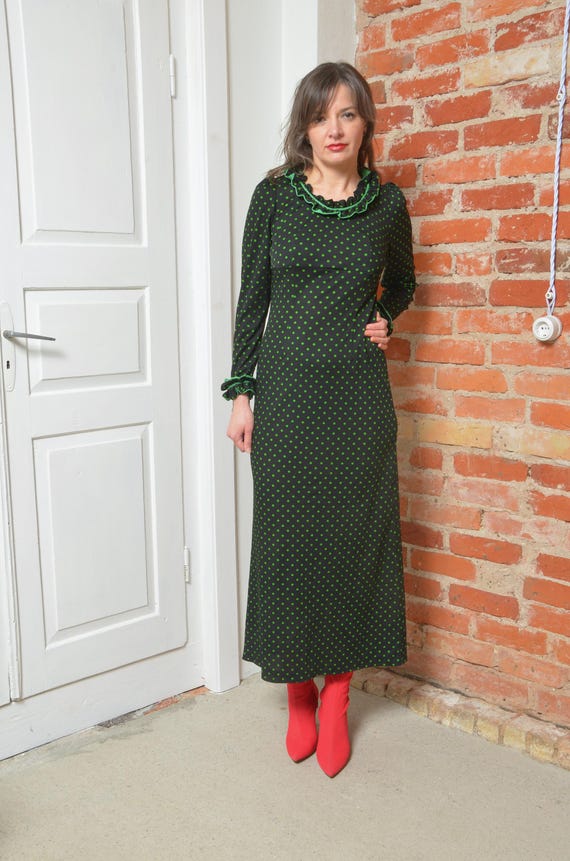 Vintage 70s Polka Dot Long Sleeve Ruffled Maxi Dress - Size Small - Etsy Vintage 70s Polka Dot Long Sleeve Ruffled Maxi Dress - Size Small - Etsy