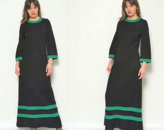 70's Maxi Dress Vintage Long Sleeve Color Blocking Flared Dress - Size Medium