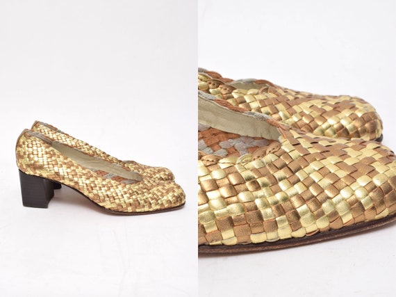 Vintage 90's Woven Gold and Bronze Chunky Heel Lea