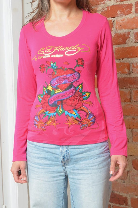 Vintage Ed Hardy Long Sleeve Top: Pink Tattoo Graphic (S/M) - Etsy