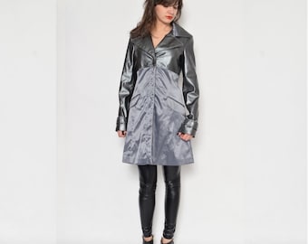 Vintage 90's Silver Satin Leather Coat / Metallic Zipper Coat / Silver Satin Coat / Faux Leather Coat