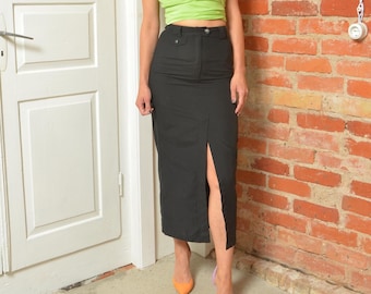 Vintage S.Oliver Black Midi Skirt with Front Slit, Size XS