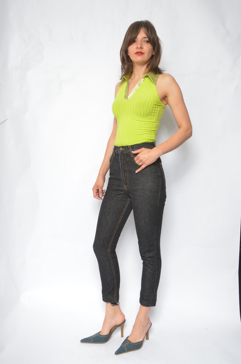Size Small Lime Green Ribbed Top Vintage 90s Sleeveless Backless Satin Trim Pointy Collar Blouse
