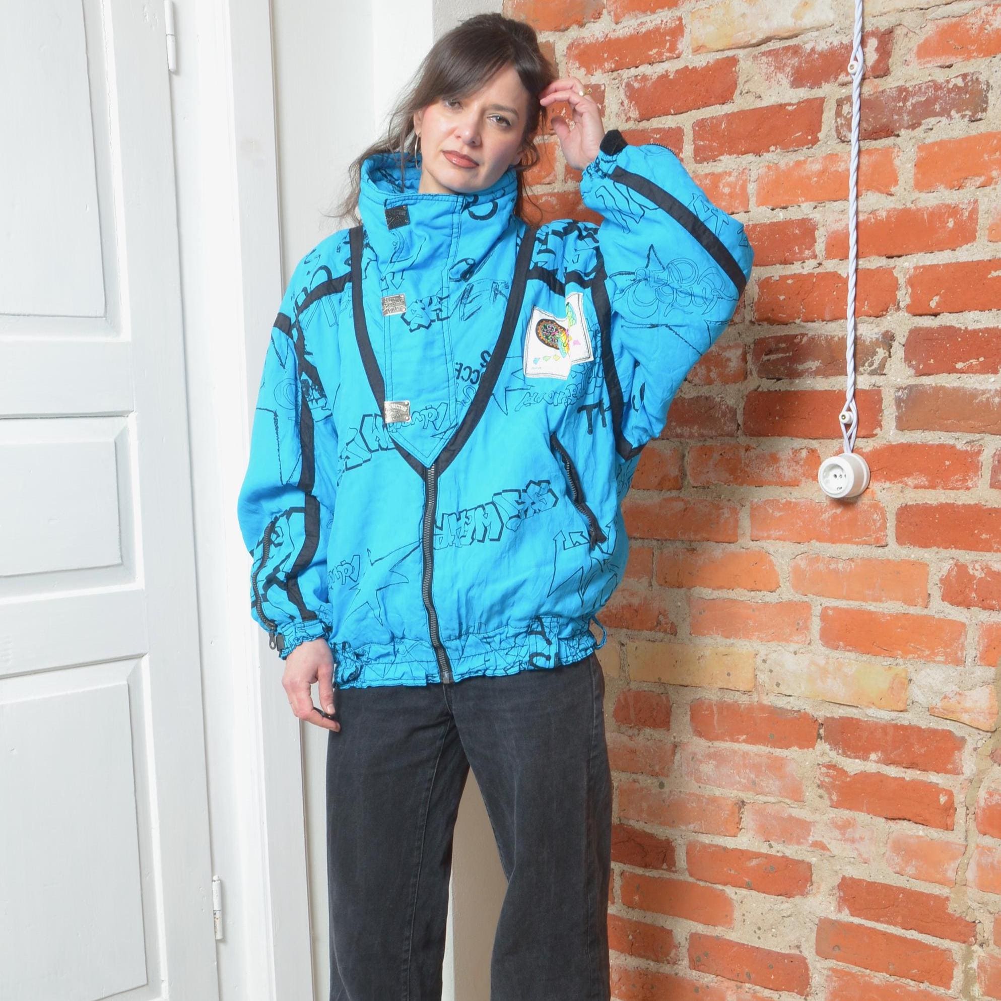 Vintage 80s Blue Ski Jacket Graphic Print Winter Coat – Size Large