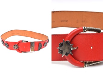 Vintage 90's Red Leather Belt with Large Buckle, Stars, and Russian Letters (Made in France)