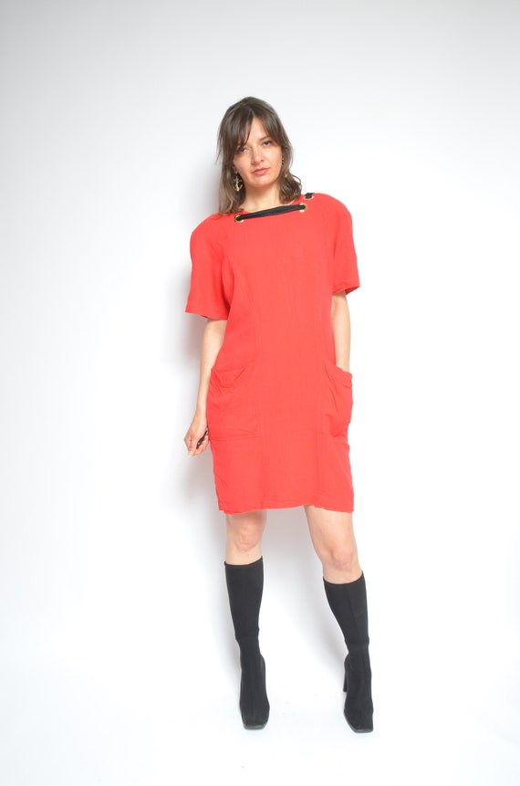 Embellished Linen Dress / Vintage 90s Short Sleev… - image 8