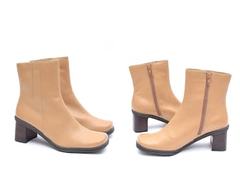 Vintage 90s Leather Ankle Boots: Tan Brown Chunky Heel, Size 36 EU