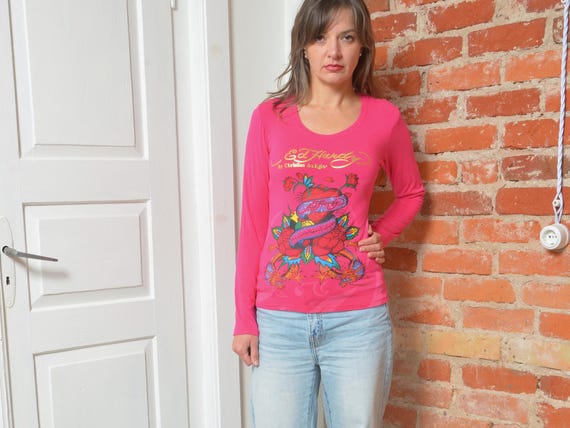 Vintage Ed Hardy Long Sleeve Top: Pink Tattoo Graphic (S/M) - Etsy