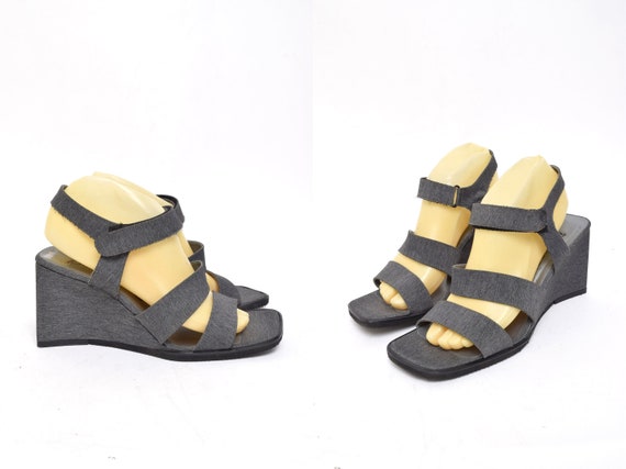 Vintage 90's Grey Fabric Chunky Heel Wedge Velcro