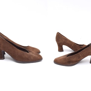 Vintage 90's Brown Suede Leather Chunky Heel Pumps - Size: 37 EU / 6.5 US / 4.5 UK