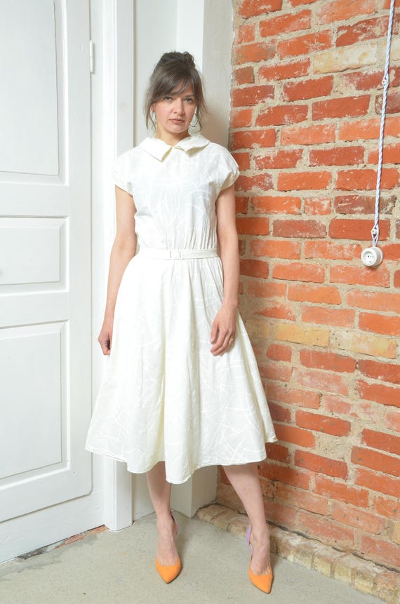 Midi Dress Retro Flared Skirt Vintage 80s Cream White Midi Dress: Belgian Cotton Full Skirt, Size Midi Dress Retro Flared Skirt Vintage 80s Cream White Midi Dress: Belgian Cotton Full Skirt, Size