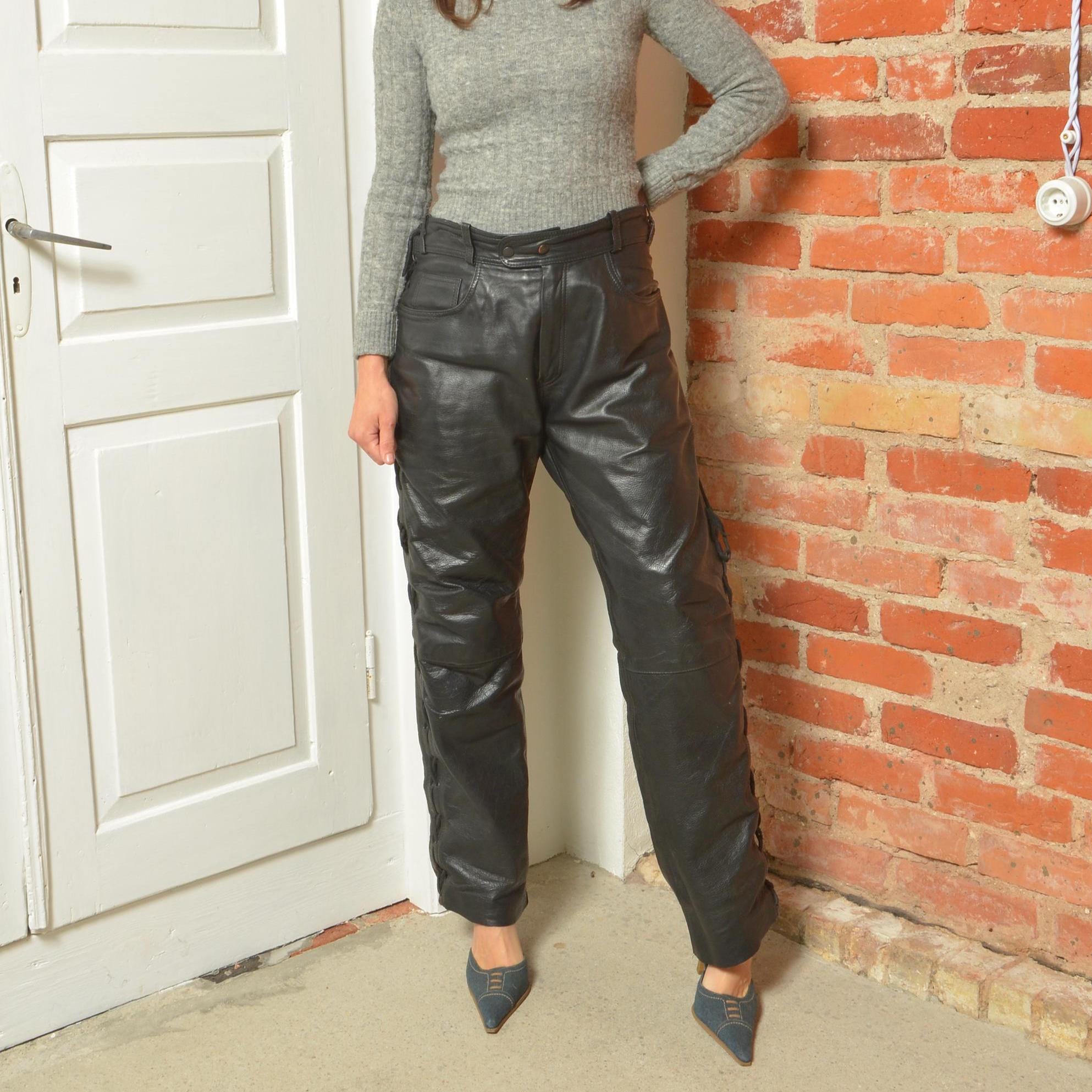 Vintage 90s Black Leather Pants With Side Lace-up Detail – Rocker