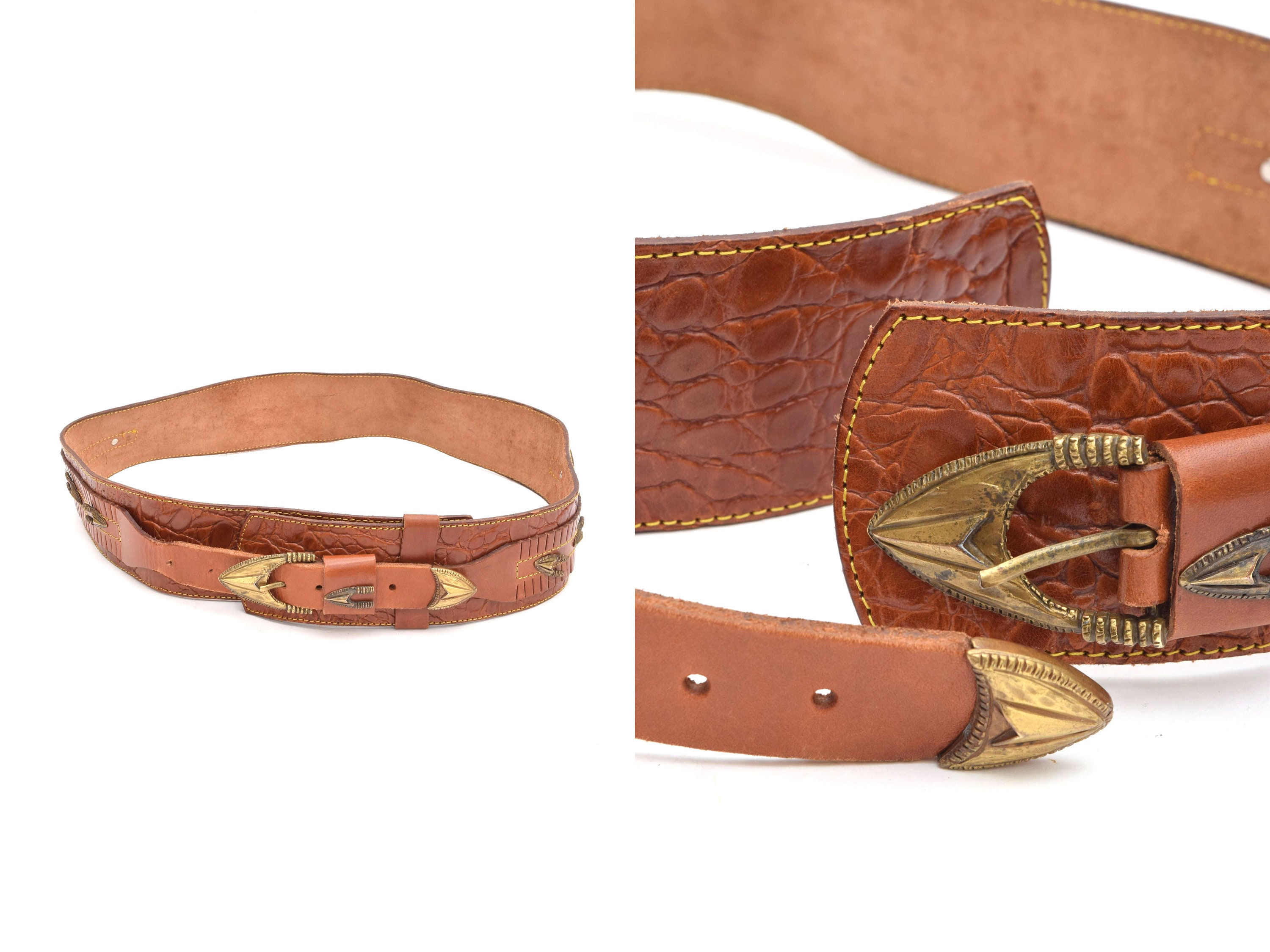 Vintage 90s Wide Brown Leather Western Belt: Arrow Brass  display picture 3