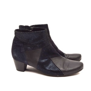Patchwork Leather Ankle Boots | Sparkling Chunky Heel Shoes | 00s Vintage Rounded Toe Booties Size 6.5 UK