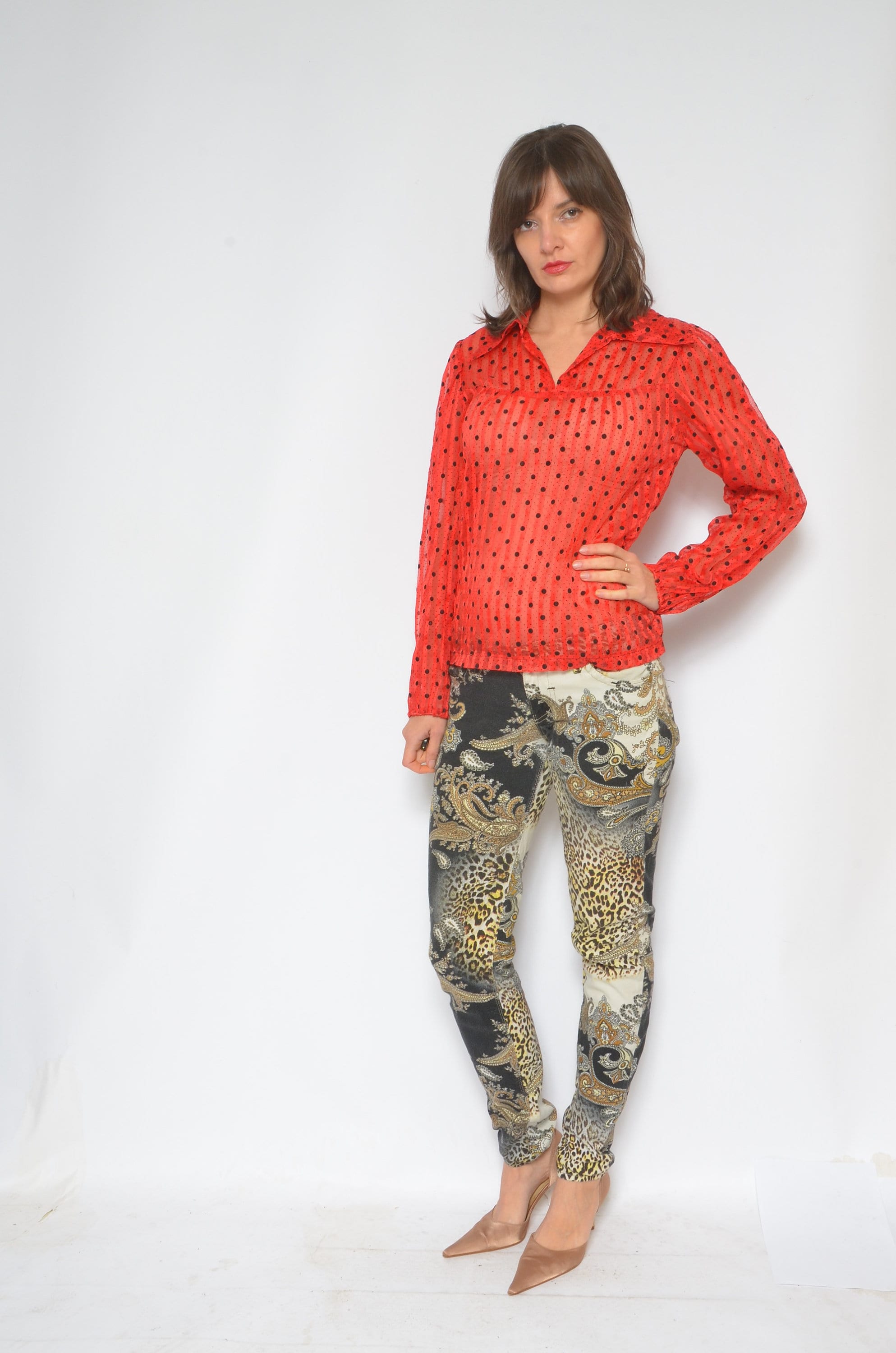 Polka Dot Sheer Blouse / Vintage 80s See Through Striped See