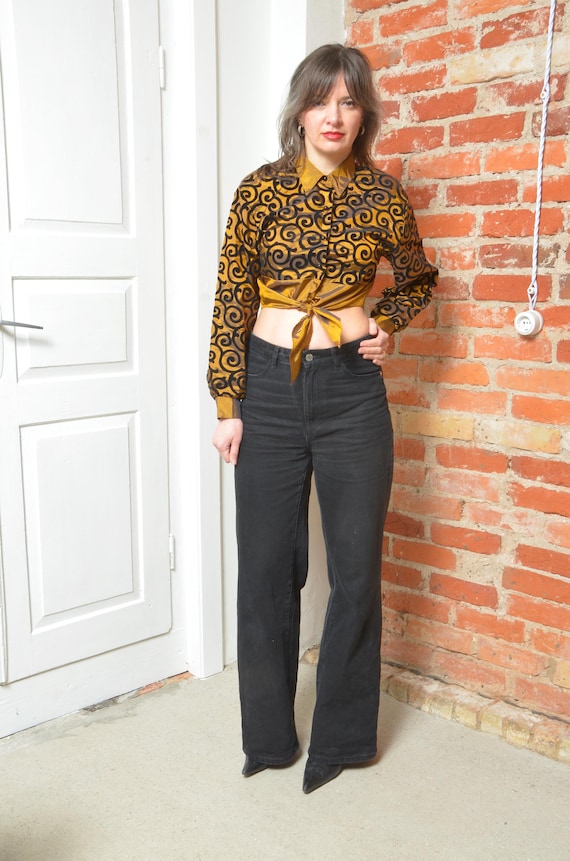 Blusa cruzada con lazo en la cintura y efecto iridiscente vintage