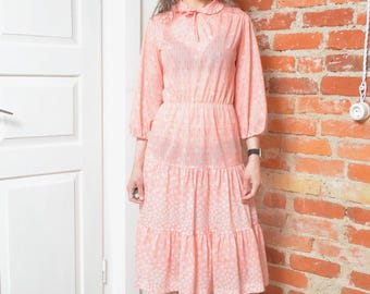 Vintage 70s Peach Floral Midi Sheer Dress Small Prairie Tiered Ruffle Boho Romantic