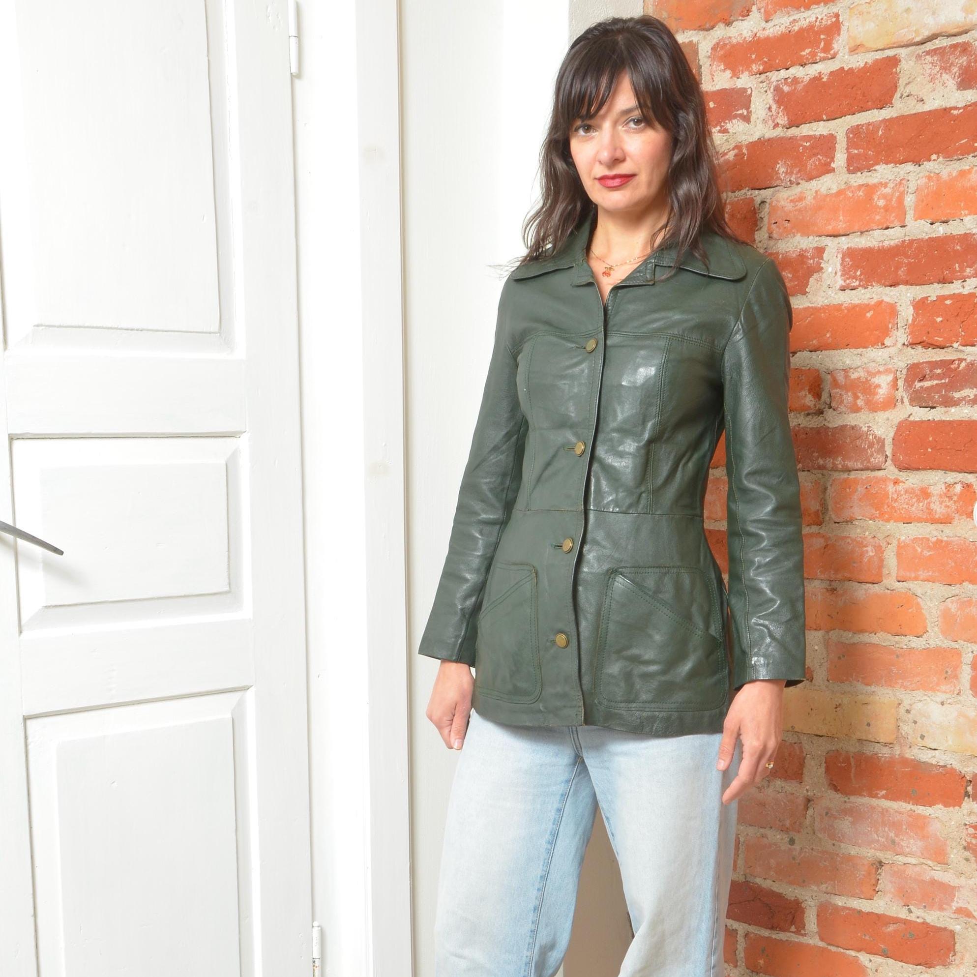 Vintage 70s Olive Green Leather Jacket Small XS Fitted Button up
