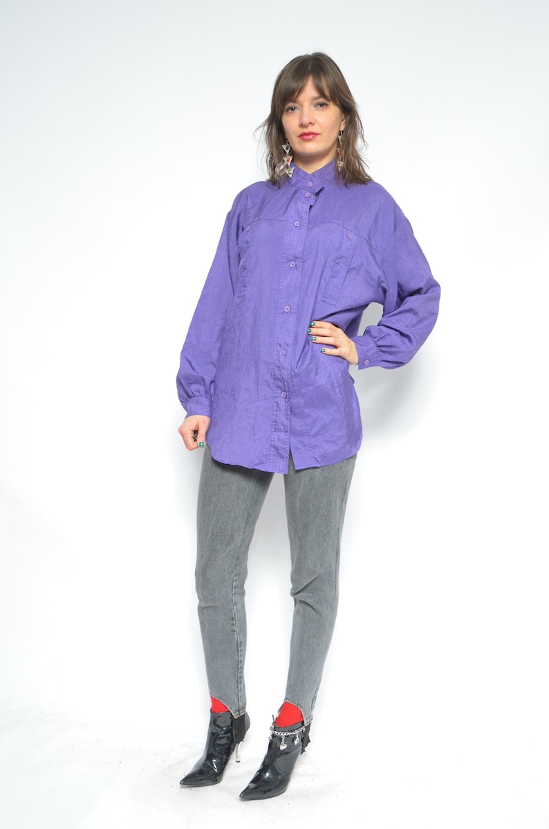Big Sleeve Button Blouse Vintage 80s Oversized Silk Like Long Sleeve Purple Shirt Large Sleeve Top Size Extra Large