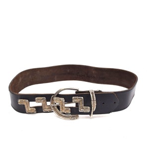 Vintage 90&#39;s  Leather Belt with Large Silver Buckle and Metal Ornaments