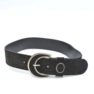 Vintage 90&#39;s Black Leather Alligator Belt with Curved Silver and Black Metal Buckle