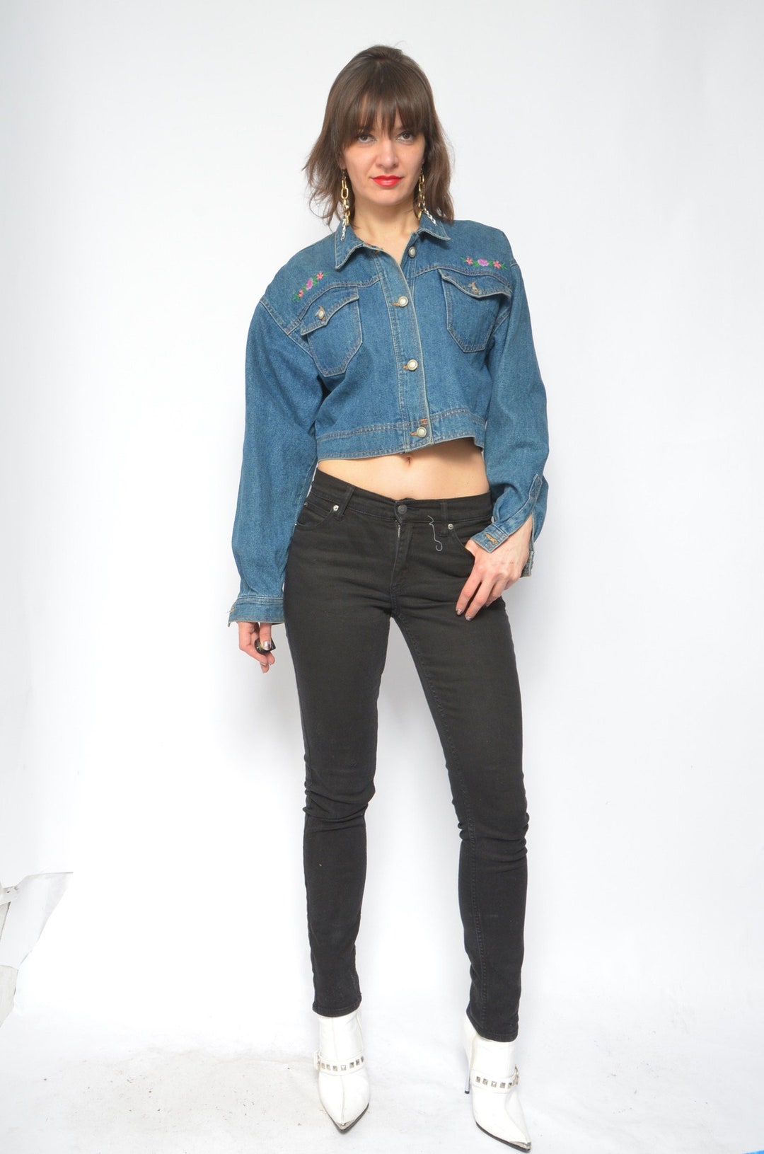 Vintage 90s Cropped Denim Jacket: Embroidered Floral Jean, Size