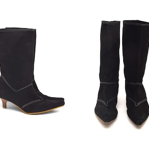 Vintage 80's Black Suede Leather Boots with White Stitching