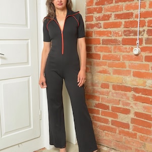 Vintage Black Zip Jumpsuit with Red Trim | Sporty Stretchy One Piece | Size M/L