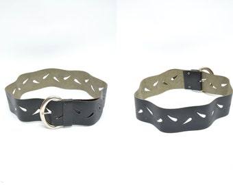 Vintage 90's Wide Black Real Leather Belt with Large Silver Buckle and Perforated Detail