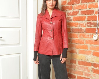 Vintage 70s Burgundy Leather Blazer – Genuine Button Front Medium