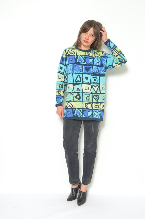 90 Wool Heart Sweater / Vintage 1990s Colorful Geo