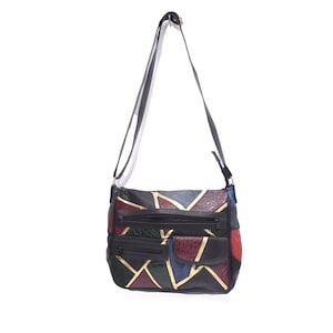 Vintage 90s Colorful Patchwork Real Leather Shoulder Bag with Gold Highlights