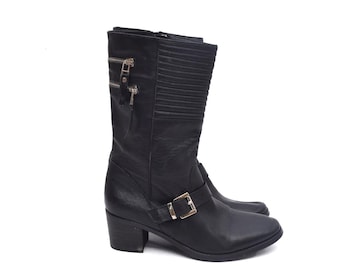 Vintage Black Leather Mid-Calf Boots with Zipper and Buckle Detail – Size 40 EU
