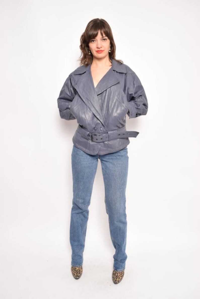 Vintage 80/'s Grey Genuine Leather Batwing Jacket Blue Grey Real Leather Jacket Belted Leather Pocket Jacket Size Small