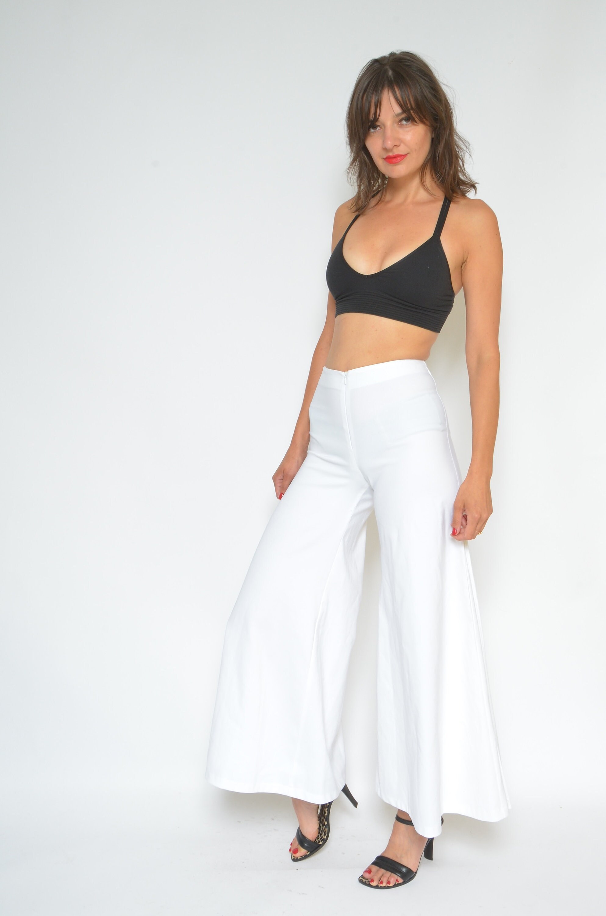 【BAON】Ragon Vintage Cutting White Wide Pants Wide Leg Cropped Pants/ Vintage Bell Bottom High Slit High