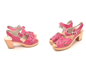 Vintage 90s Swedish Pink Woven Leather Clog Sandals: Boho Shoes