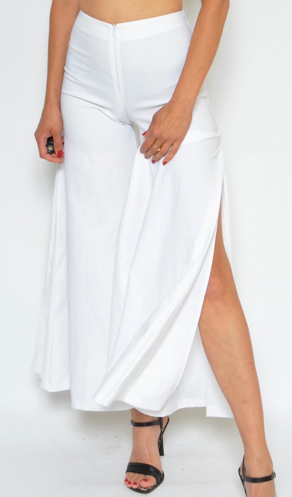 【BOK PLACE】Vintage Slit Long Wide Cotton Pants Wide Leg Cropped Pants/ Vintage Bell Bottom High Slit High